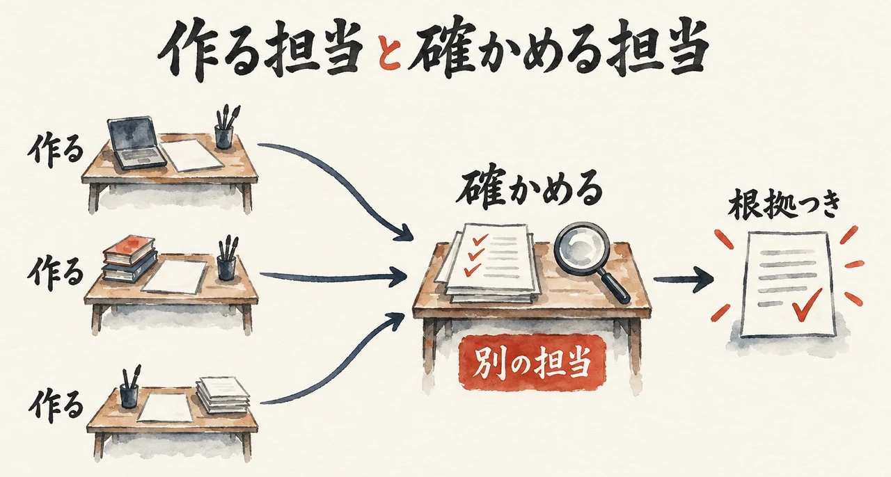 作る担当の3つの机から、別の担当の確かめる机へ集まり、根拠つきの紙になる図解