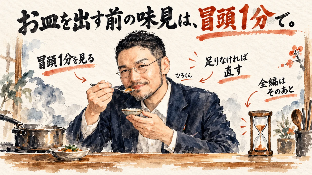 コラム：お皿を出す前の味見は、冒頭1分で。小皿を味見するひろくん