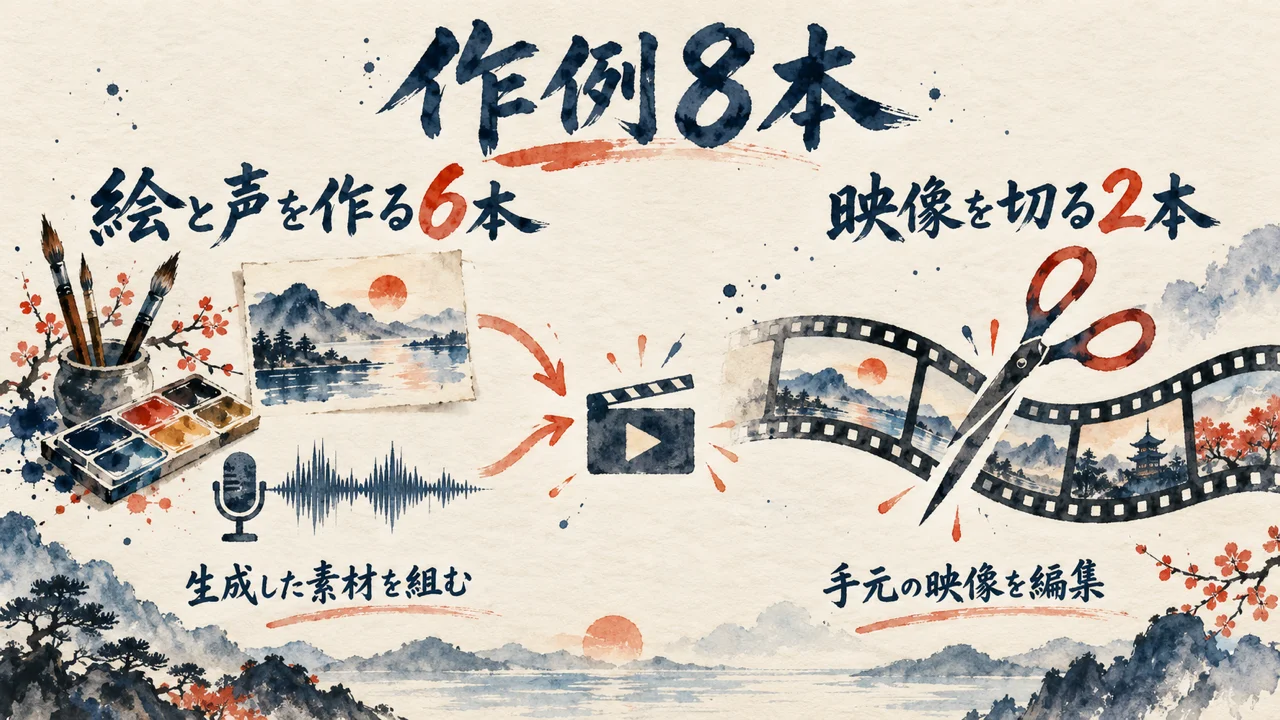 作例8本：絵と声を作って組む6本と、手元の映像を切る2本