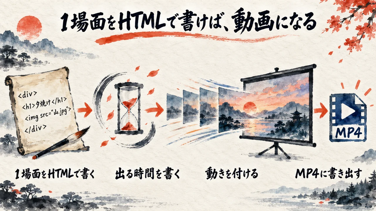 1場面をHTMLで書き、出る時間と動きを付けてMP4に書き出す流れ