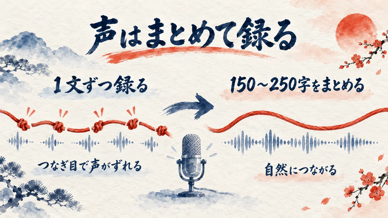 声は1文ずつ録るとつなぎ目でずれ、150〜250字まとめて録ると自然につながる