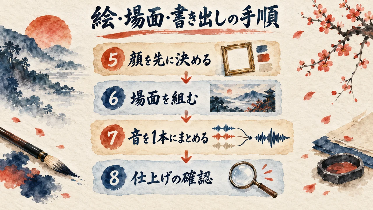 手順5〜8：顔を先に決め、場面を組み、音を1本にまとめ、仕上げを確認する