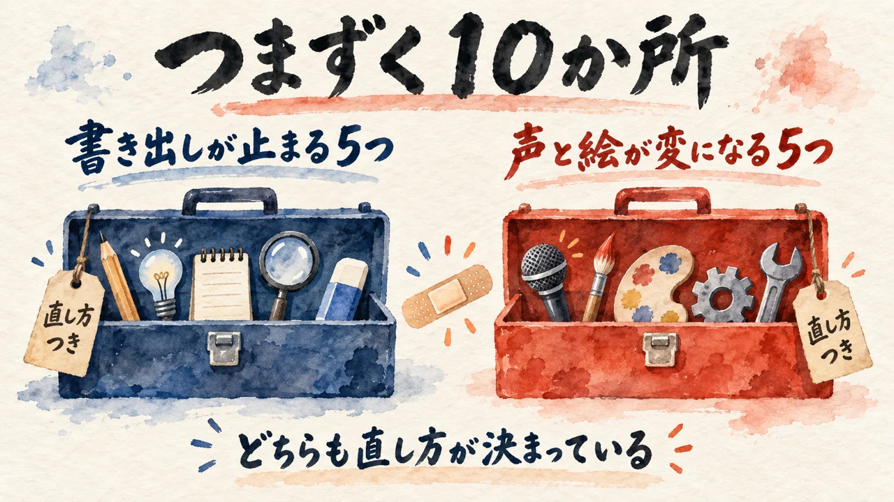 つまずく10か所：書き出しが止まる5つと、声と絵が変になる5つ