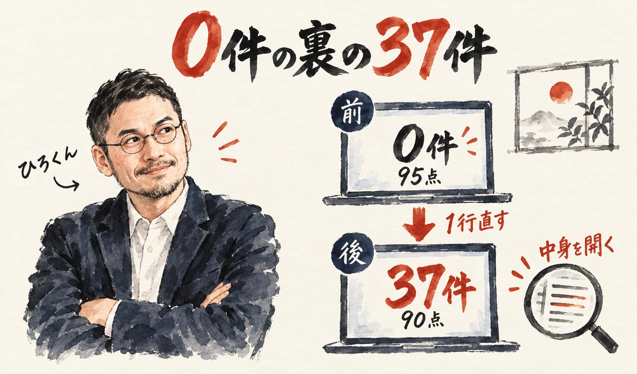 ひろくんが腕を組んで、「前」の画面の「0件・95点」と、1行直した「後」の画面の「37件・90点」を見比べ、虫眼鏡の札「中身を開く」が添えられたコラムの図解