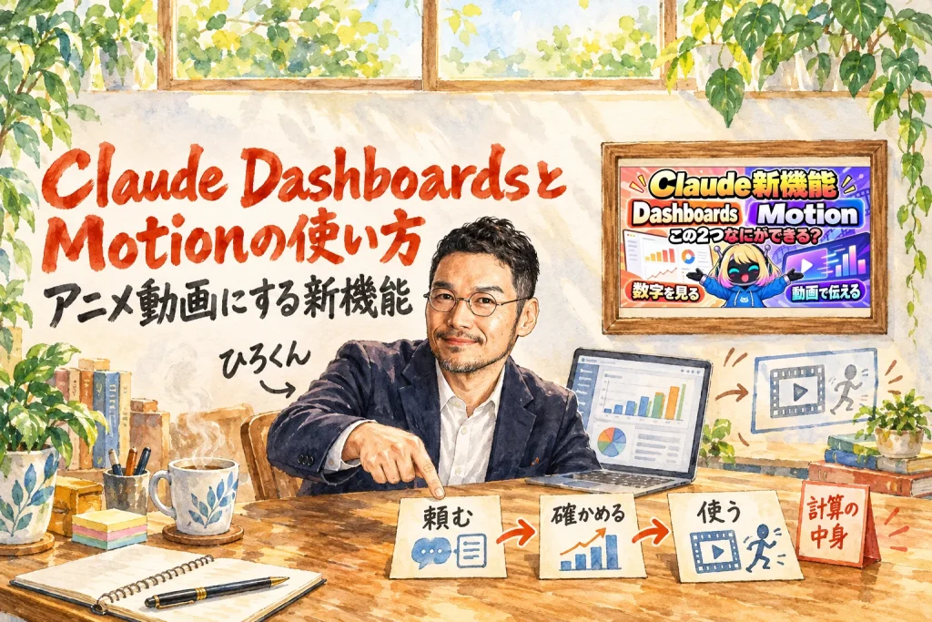 ひろくんが机の前で「頼む」「確かめる」「使う」の3枚の札を指さし、朱色の札「計算の中身」が添えられたアイキャッチ。題字は「Claude DashboardsとMotionの使い方」。右の額縁に動画のサムネイル（Claude新機能Dashboards・Motionの動画）。壁に動画のサムネイル