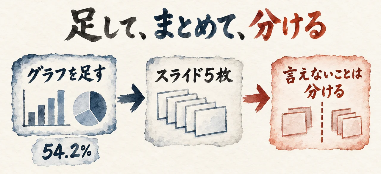 「グラフを足す」「スライド5枚」「言えないことは分ける」の3つの札が矢印でつながり、54.2%の札が添えられた図解