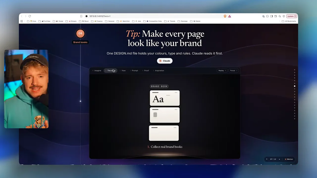 動画キャプチャ: 「Make every page look like your brand」と、ブランドの決まりを1ファイルに持たせるDESIGN.mdの解説画面（5:42頃）
