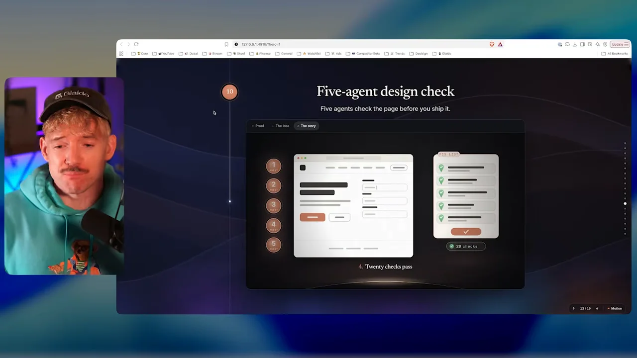 動画キャプチャ: 「Five-agent design check」と、5つのエージェントが20項目を検査する解説画面（24:45頃）