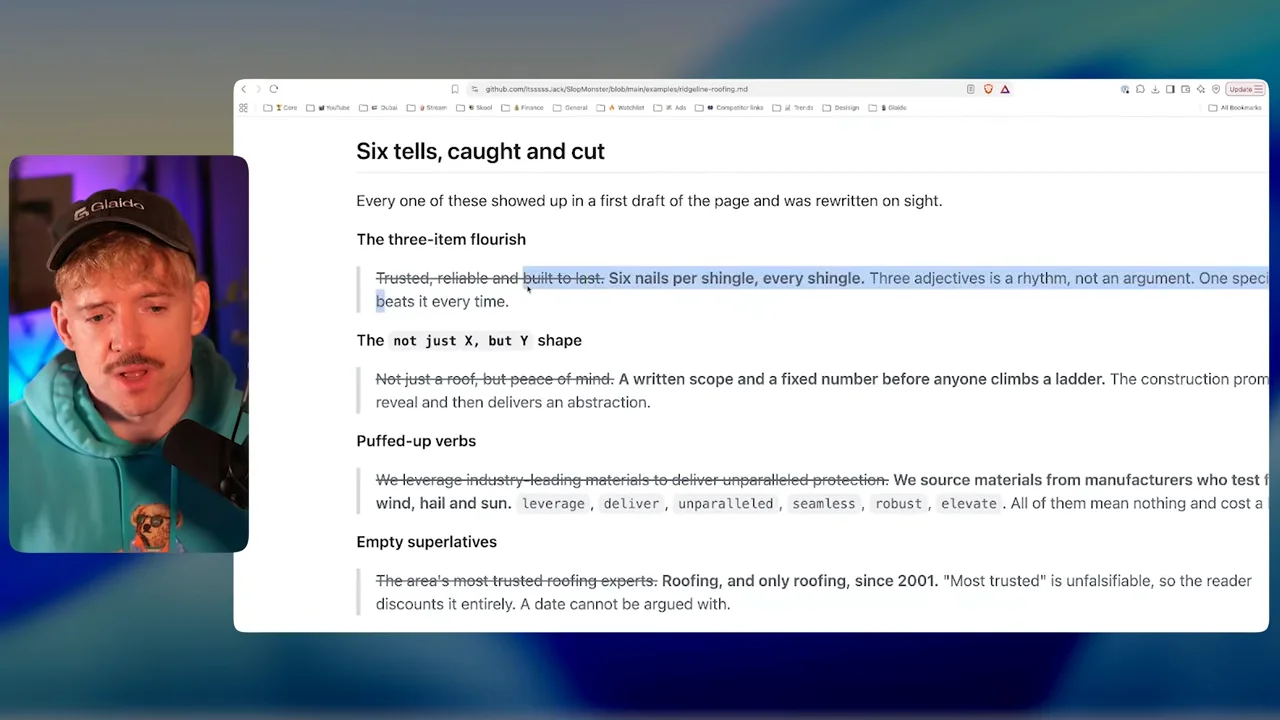 動画キャプチャ: SlopMonsterの例のページで、AIっぽい言い回しに取り消し線を引いて書き直した例を見せる場面（27:40頃）