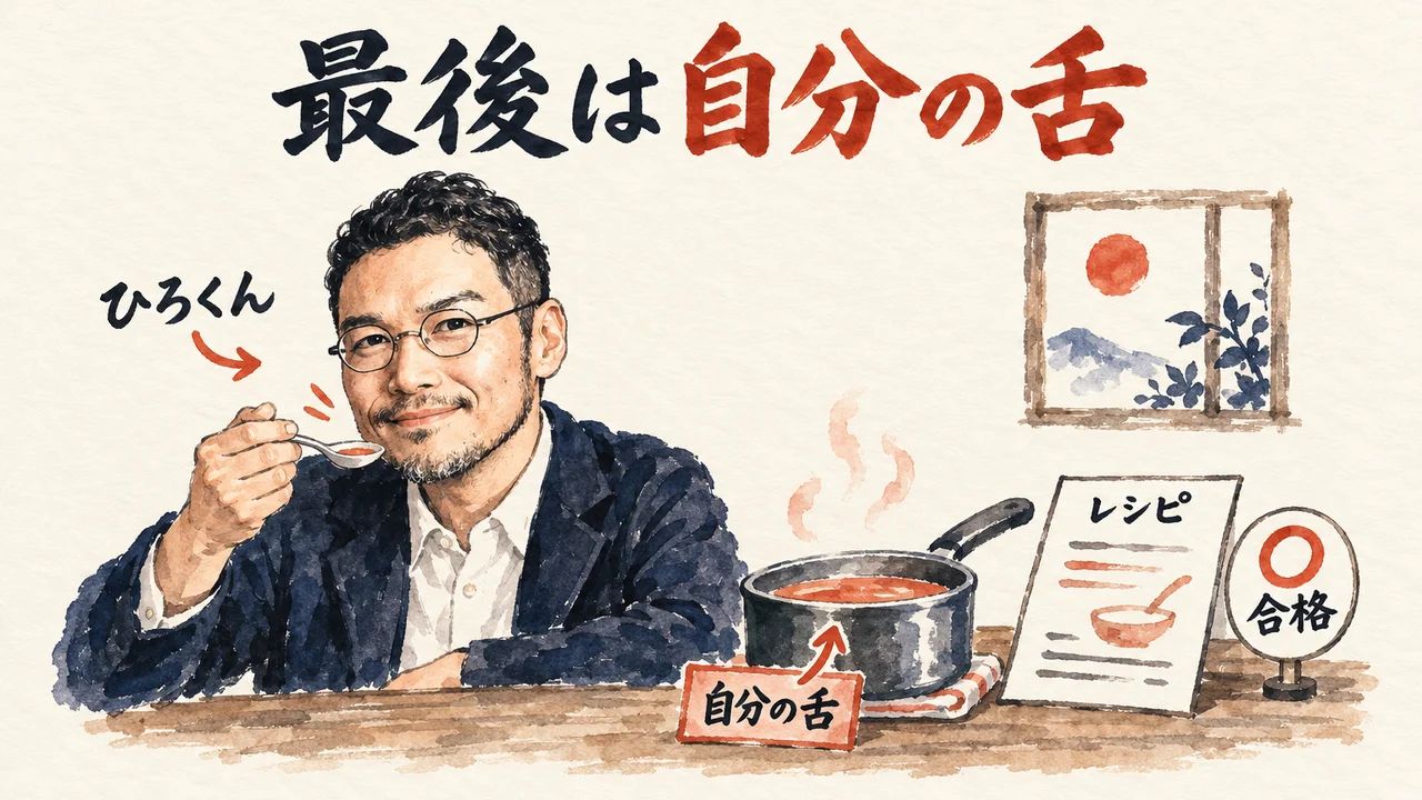 ひろくんが小さなスプーンで小鍋のスープを味見し、机の上に「レシピ」と「合格」の札、「自分の舌」の朱色の札が並ぶ図解