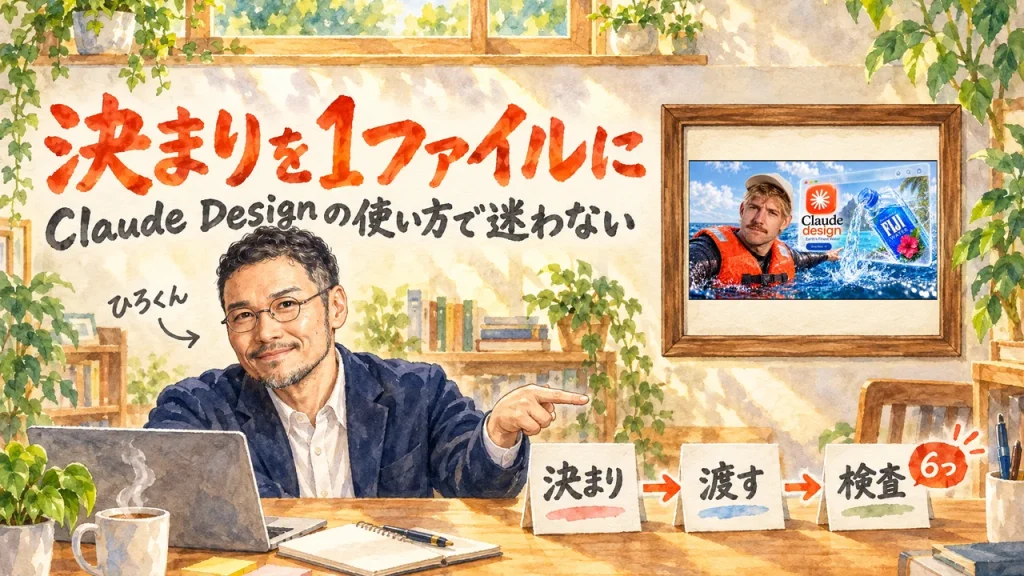 ひろくんが机の前で「決まり」「渡す」「検査」の3枚の札を指さすアイキャッチ。題字は「決まりを1ファイルに」と「Claude Designの使い方で迷わない」。右上の壁に動画のサムネイル