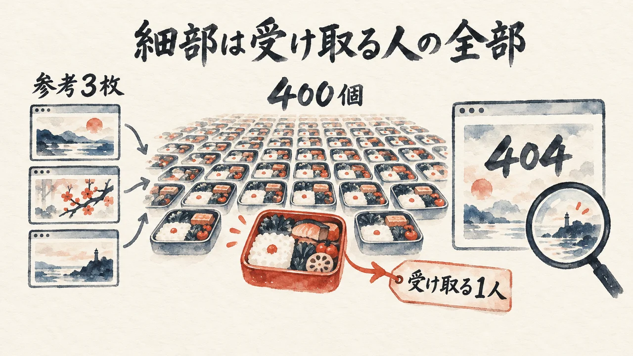 「参考3枚」の画面、お弁当箱が並ぶ「400個」のうち1つだけ朱色で「受け取る1人」へ矢印が向かい、右に「404」の画面と虫眼鏡がある図解