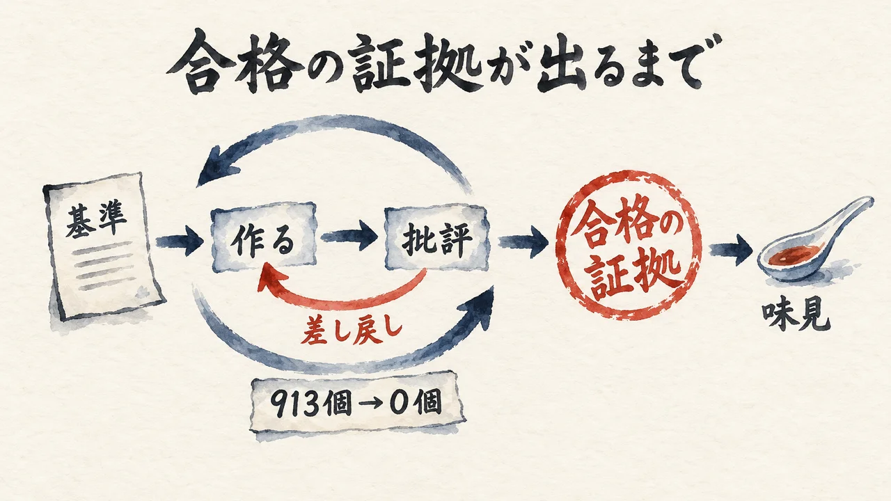 「基準」から「作る」「批評」と進み、朱色の「差し戻し」の矢印で最初へ戻る輪の右に、「合格の証拠」の判子と「味見」のスプーンがある図解