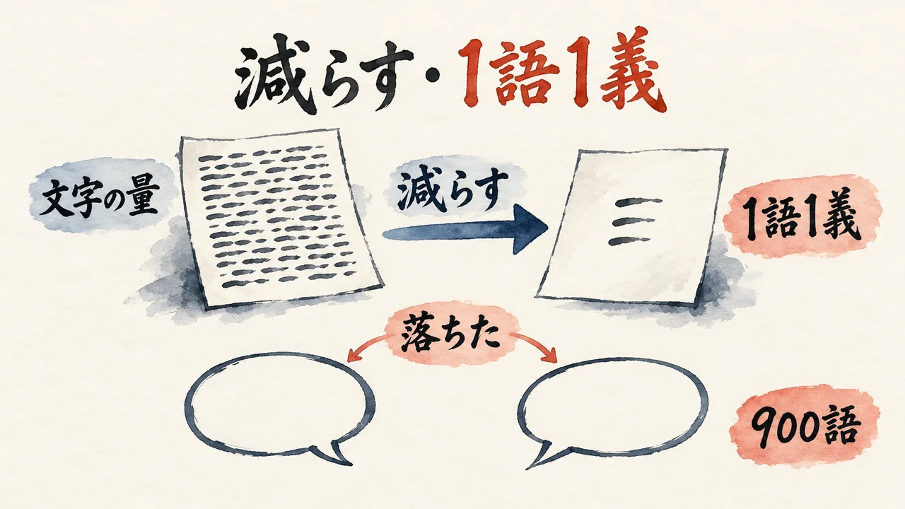文字がぎっしりの「文字の量」の紙が「減らす」の矢印で少ない紙になり、「1語1義」の札と、「落ちた」から2つの意味へ分かれる矢印、「900語」の札がある図解