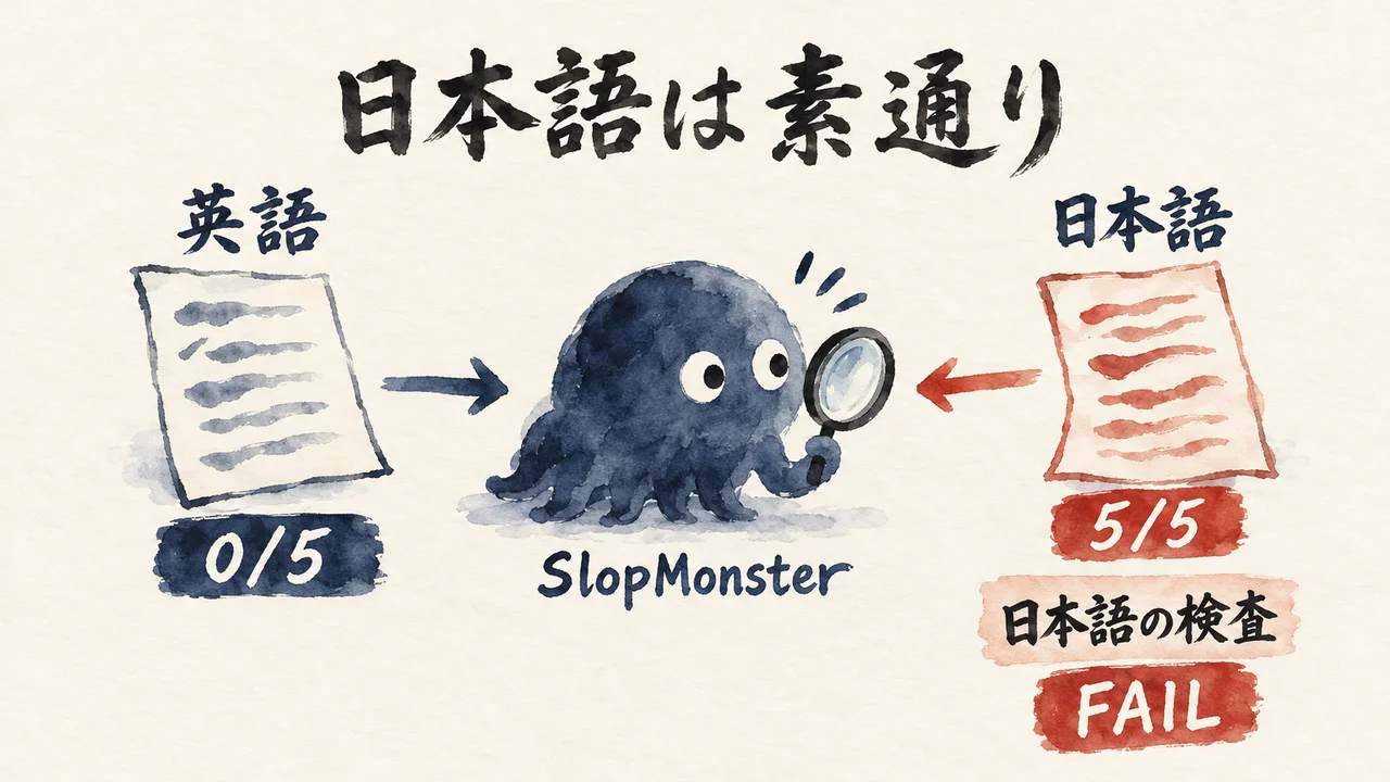 虫眼鏡を持つ「SlopMonster」に、「英語」の紙は「0/5」、「日本語」の紙は朱色の「5/5」と「FAIL」の札がつく、日本語の検査をたとえた図解
