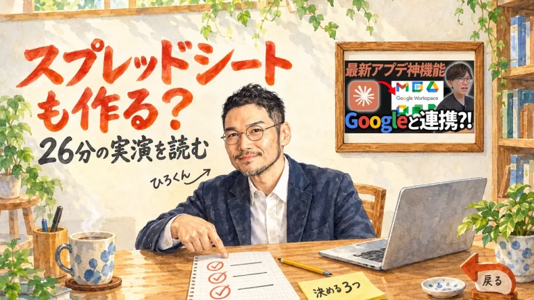アイキャッチ: 机で3つの印の紙を指すひろくんと、Claude for Google Workspaceの26分の実演を読む記事。壁に動画のサムネイル