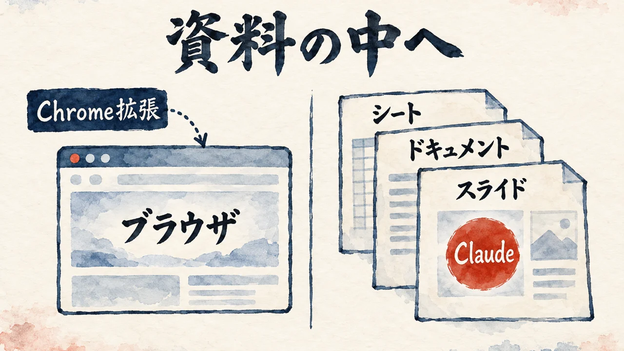 図解: ClaudeがGoogleのドキュメント・スプレッドシート・スライドの中に入る入口と、Chrome拡張との違い