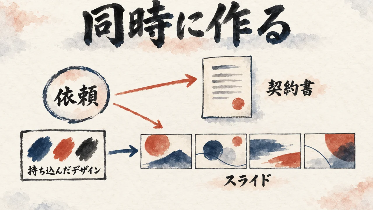 図解: 契約書と提案書を同時に作り、自分のデザインを持ち込む実演の流れ