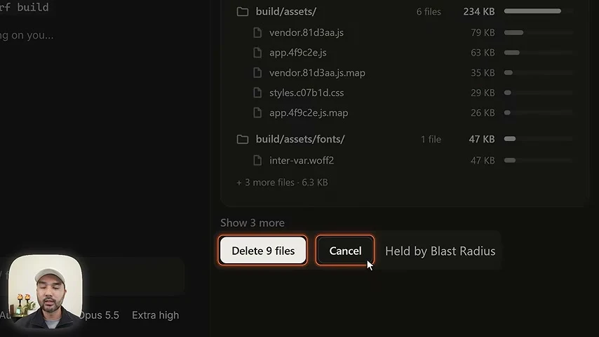 動画キャプチャ: Blast Radiusが「Delete 9 files」と「Cancel」のボタンで操作を保留している画面（8:35頃）