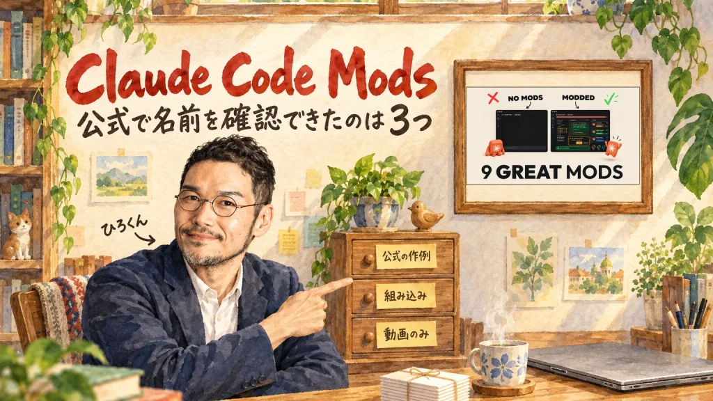ひろくんが3段の引き出しの箪笥を指さし、Claude Code Modsの紹介動画9つのうち公式で名前を確認できたのは3つだった記事のアイキャッチ。壁に動画のサムネイル
