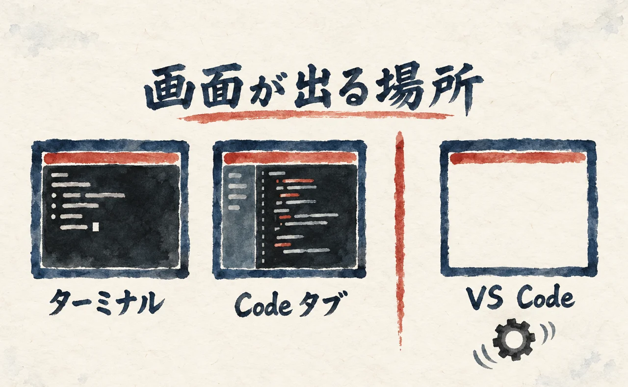 画面が出るのはターミナルとCodeタブで、VS Code拡張のチャット欄は画面が出ないことを並べた図解