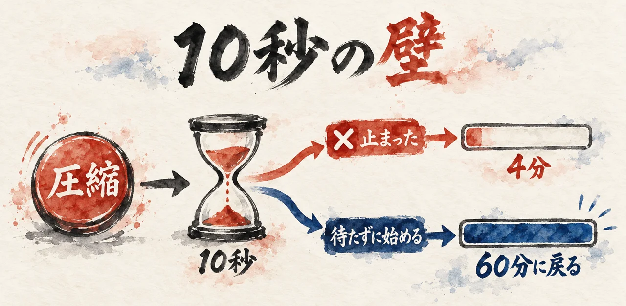 圧縮ボタンが10秒の枠を超えて止まり、待たずに始める形に直すと60分に戻る流れを示した図解