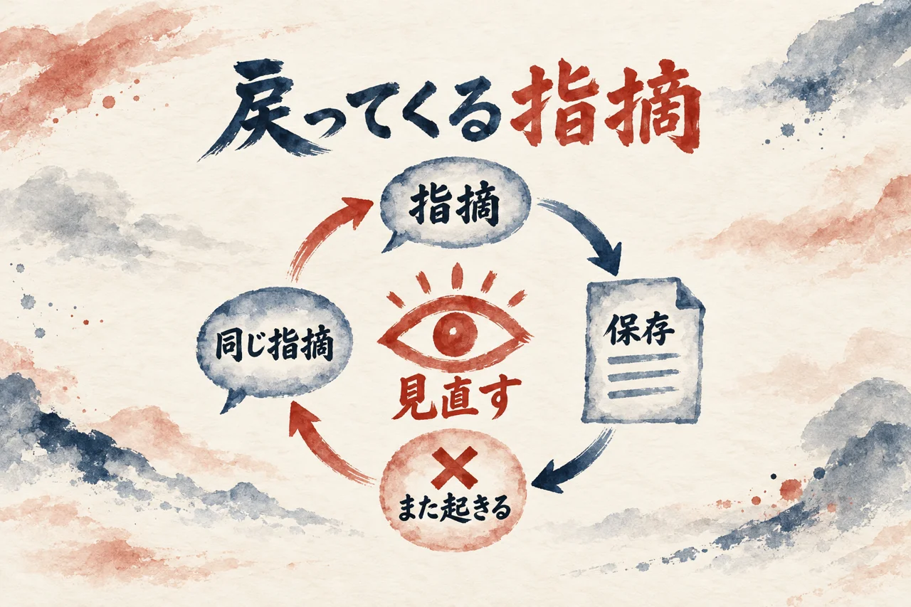 指摘を保存してもまた同じ指摘が戻ってくる輪と、中心で人が見直す仕事を示した図解