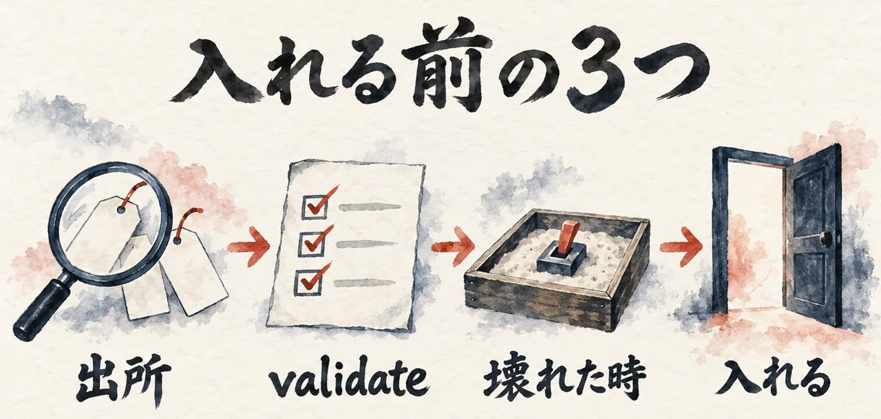 出所を探す、validateをかける、壊れた時を砂場で先に見る、の入れる前の3つの確認を並べた図解