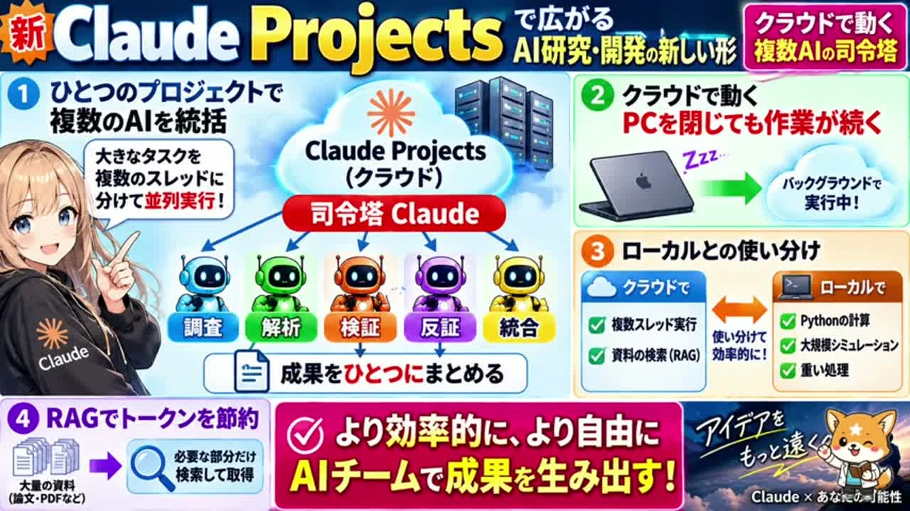 動画キャプチャ: 全体をまとめるClaudeが担当に仕事を振る解説図(1:05頃)