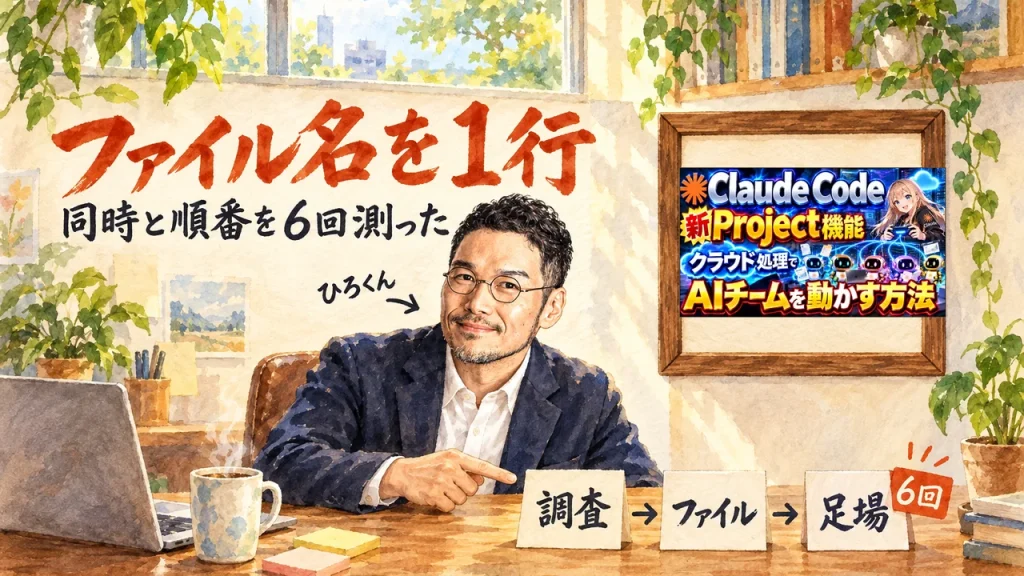 ひろくんが机の前で「調査」「ファイル」「足場」と「6回」の札を指さすアイキャッチ。右上の額縁に元動画のサムネイル。題字は「ファイル名を1行」同時と順番を6回測った