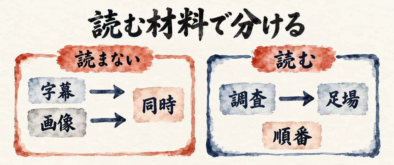 「読まない」側は字幕と画像から同時へ、「読む」側は調査から足場へ順番で進む、読む材料で同時と順番を分ける図解