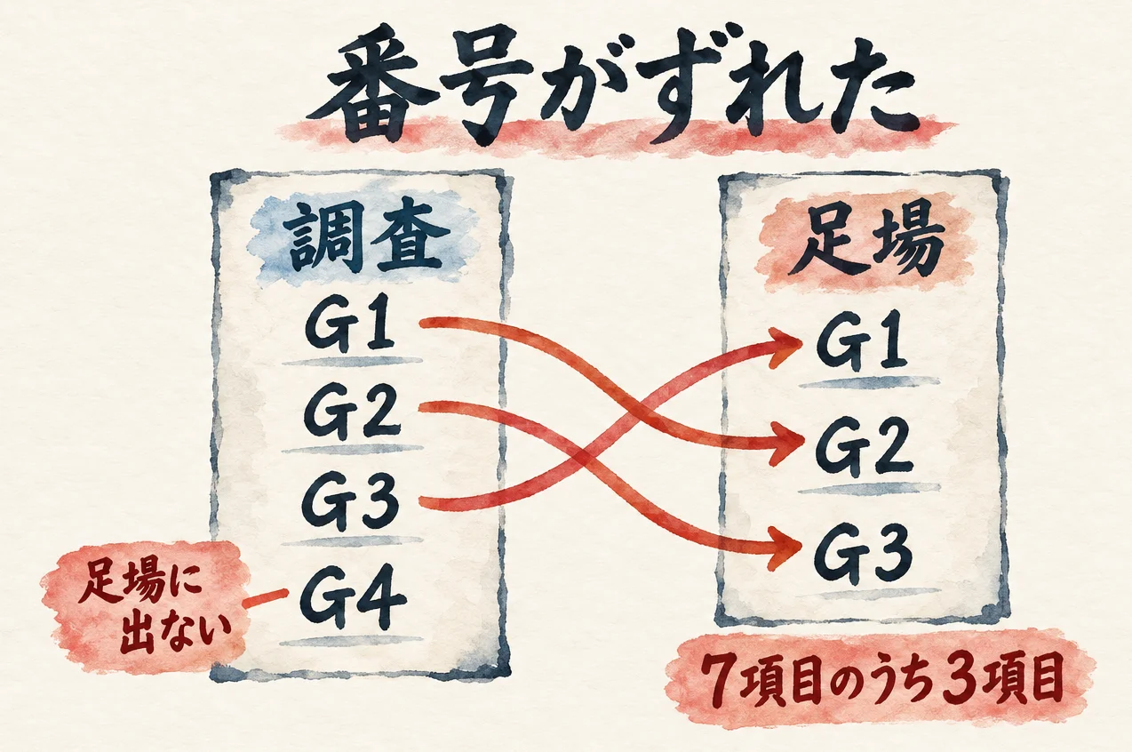 調査側のG1〜G4と足場側のG1〜G3の矢印が交差し、G4は「足場に出ない」で止まって「7項目のうち3項目」と書かれた、番号のずれの図解