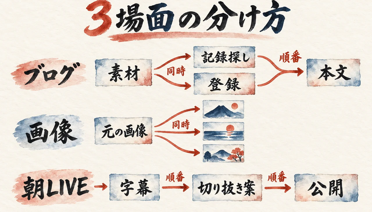 ブログは記録探しと登録を同時にして本文は順番、画像は元の画像から3枚を同時、朝LIVEは字幕から切り抜き案、公開へ順番に進む3場面の図解