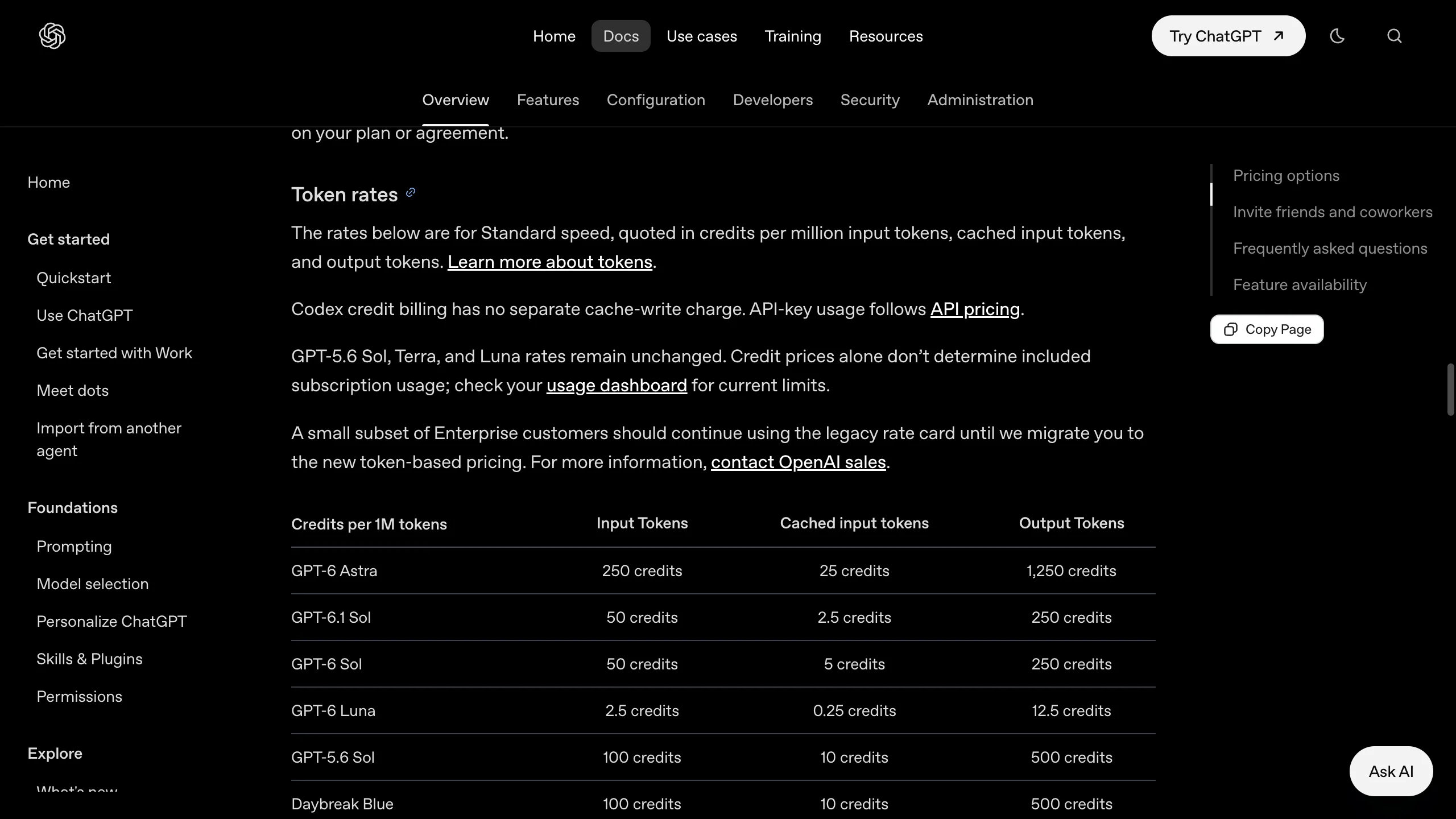 OpenAI公式のCodex料金ページ。モデルごとに100万トークンあたりのクレジットが並ぶ画面