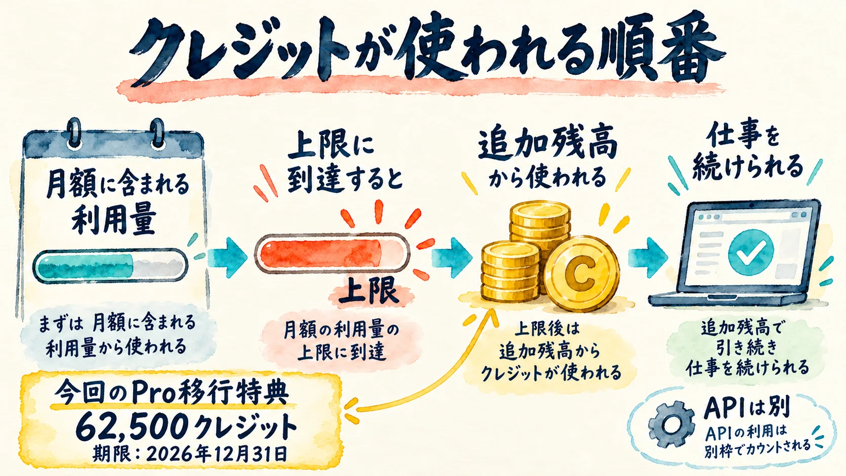 月額の利用量が先に使われ、上限後は追加残高へ。今回のPro移行特典62,500クレジットは2026年12月31日が期限。APIは別