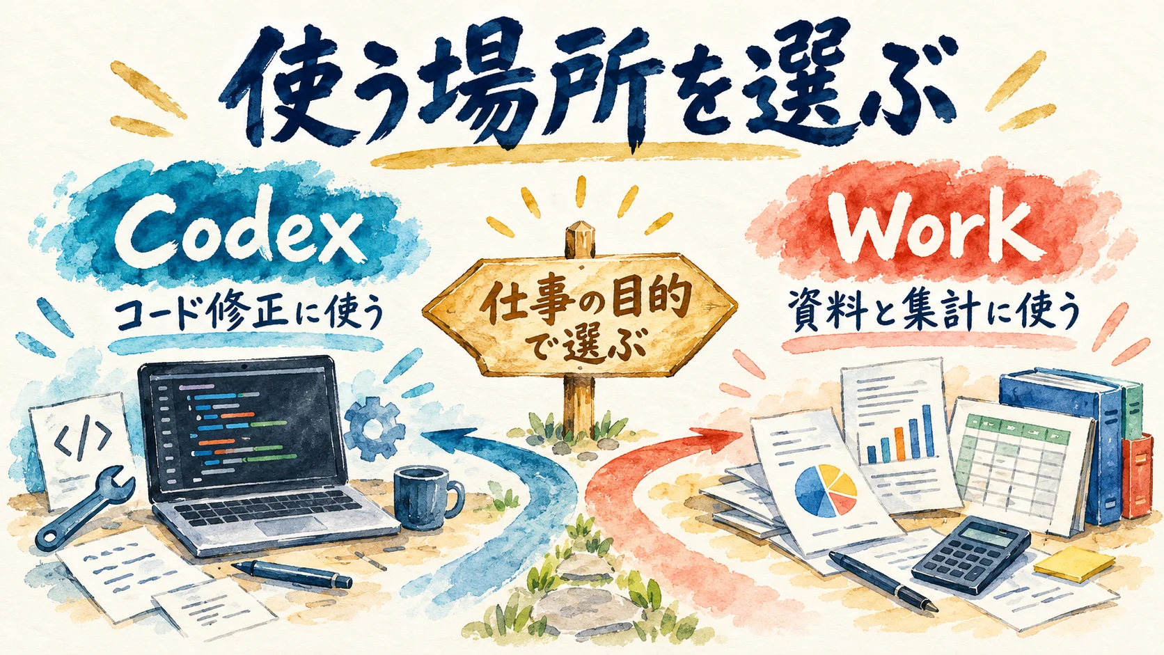 同じ残高から、開発やコード向けのCodexと、調べものや文書向けのWorkの2方向へ分かれる図
