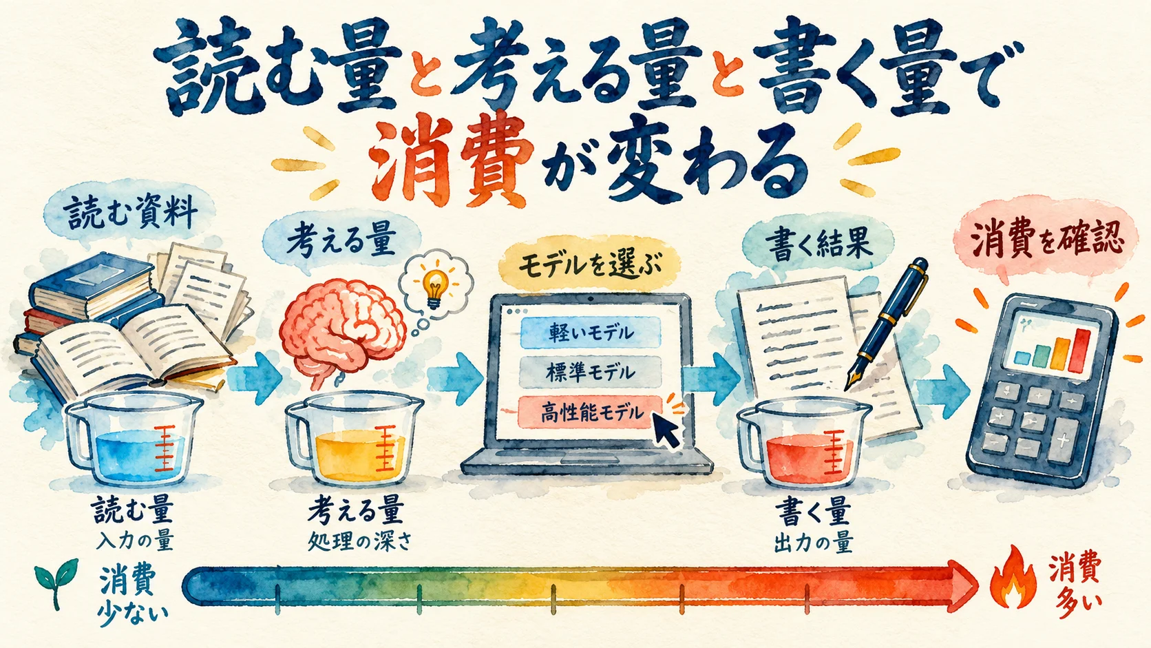 AIが読む量、考える量、選ぶモデル、書く量でクレジットの減り方が決まり、最後に消費を確かめる流れの図