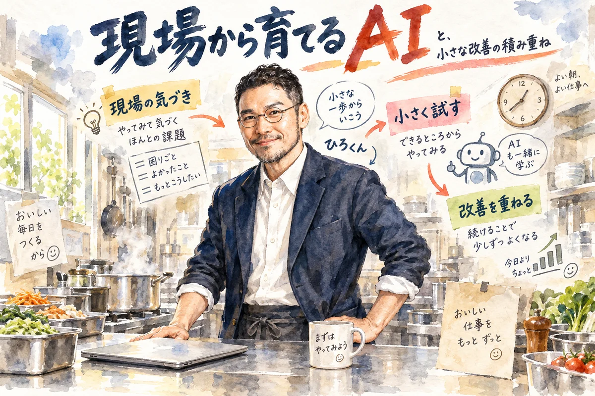 現場の仕事と1日5分の改善から会社OSを育てるひろくんを描いたコラム用グラレコ