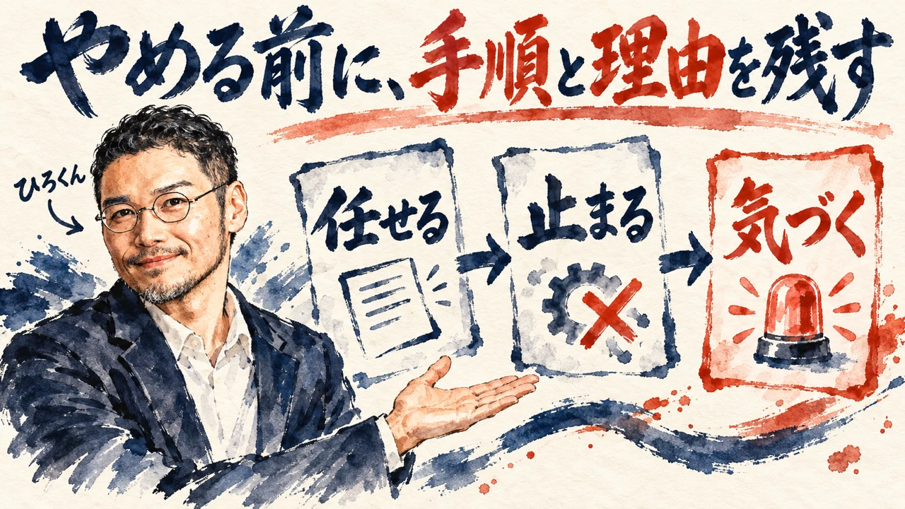 図解。見出しはやめる前に、手順と理由を残す。左でひろくんが片手を広げ、任せる、止まる、気づく、の三つの札が矢印で並び、書類、×印の歯車、赤い警告灯の水彩画が添えられている