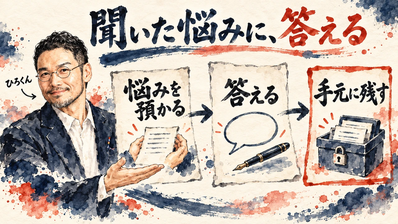図解。見出しは聞いた悩みに、答える。悩みを預かる、答える、手元に残す、の三つの札が矢印で並び、左にひろくんの水彩画、札の下に吹き出しと万年筆と鍵つきの箱が描かれている