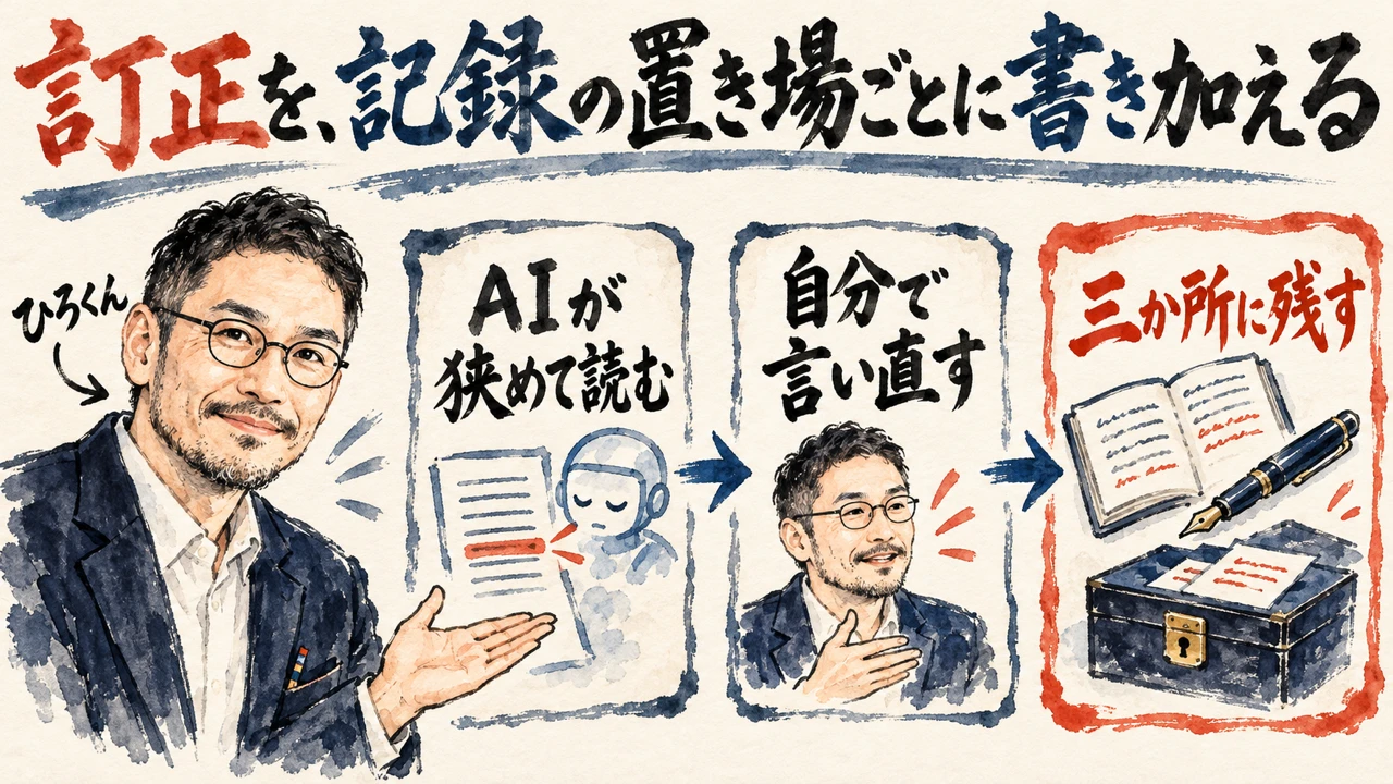 図解。見出しは訂正を、記録の置き場ごとに書き加える。AIが狭めて読む、自分で言い直す、三か所に残す、の三つの札が矢印で並び、左にひろくんの水彩画、札の下にノートと万年筆と鍵つきの箱が描かれている