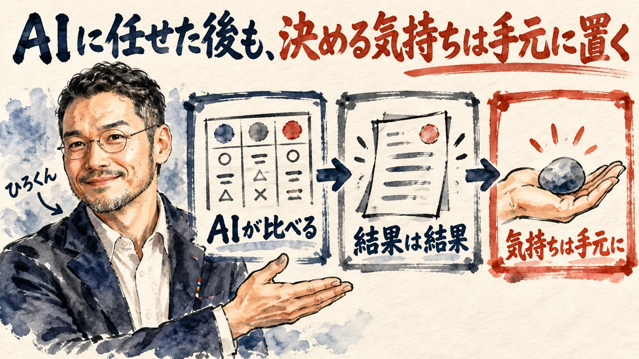 図解。見出しはAIに任せた後も、決める気持ちは手元に置く。AIが比べる、結果は結果、気持ちは手元に、の三つの札が矢印で並び、左でひろくんが手を広げ、右端の札には手のひらに乗った石の水彩画が描かれている