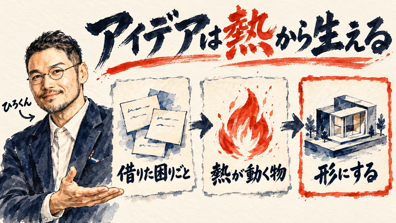 図解。見出しはアイデアは熱から生える。左でひろくんが片手を広げ、借りた困りごと、熱が動く物、形にする、の三つの札が矢印で並び、紙の束、炎、組み立てた模型の水彩画が添えられている