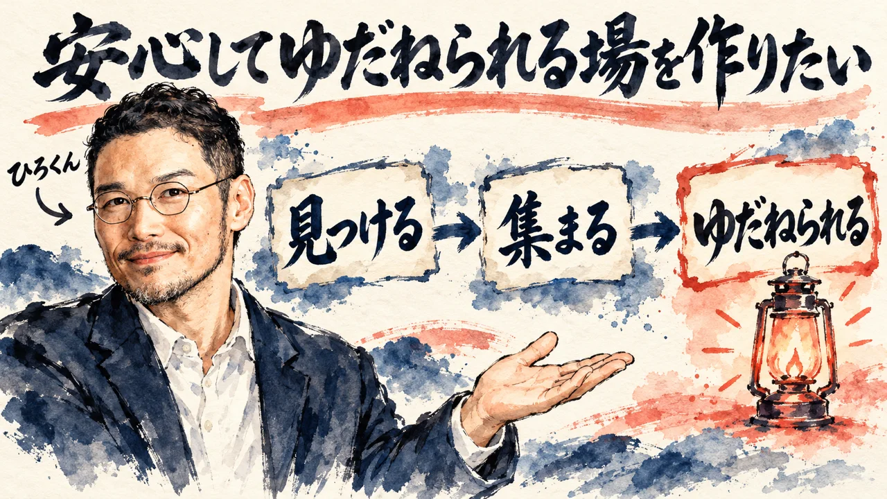 図解。見出しは安心してゆだねられる場を作りたい。左でひろくんが片手を広げ、見つける、集まる、ゆだねられる、の三つの札が矢印で並び、小さな灯りの水彩画が添えられている