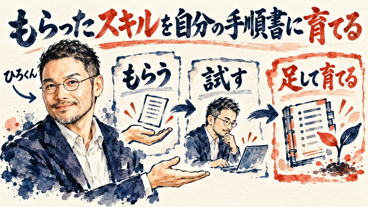 図解 もらったスキルを試し、足して自分の手順書に育てる流れ。ひろくんの水彩の似顔絵と、芽の出る手順書の絵