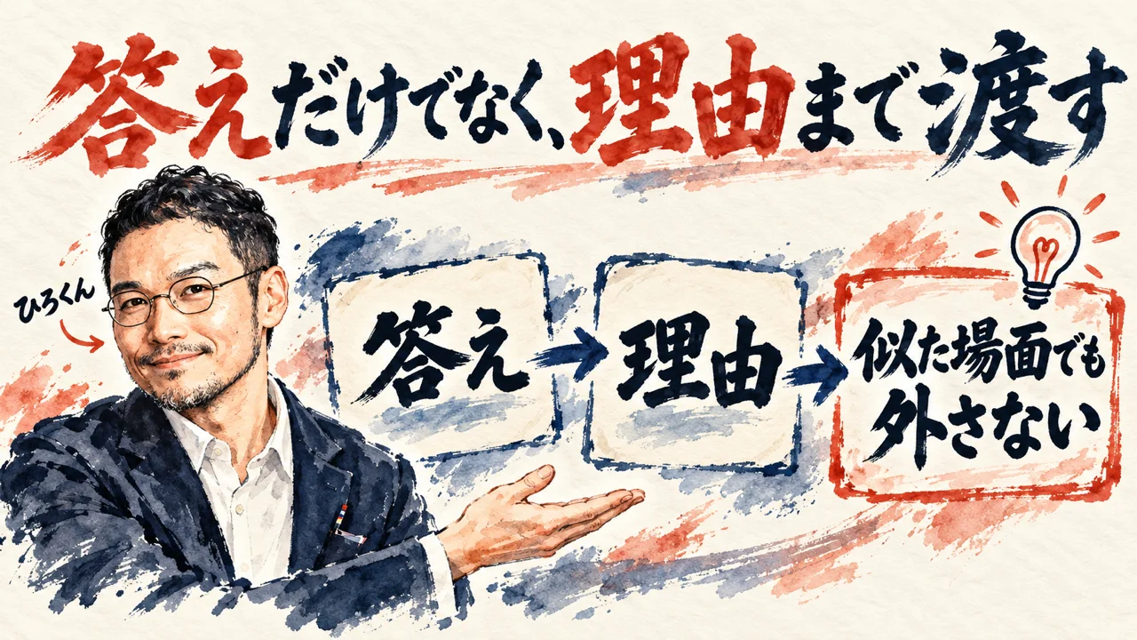 ひろくんが片手を広げ、答え、理由、似た場面でも外さない、の三枚の札を紹介している水彩の図解