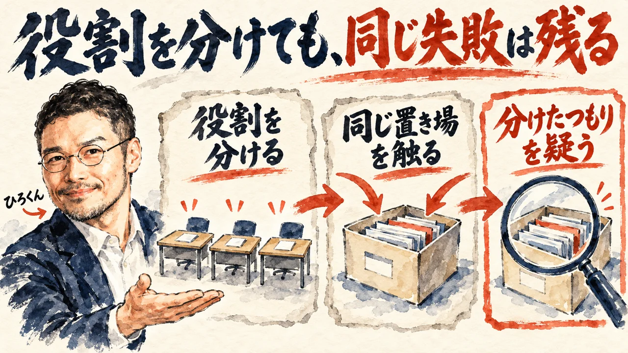 役割を分けても同じ失敗は残る、という図。左にひろくんが立ち、役割を分ける、同じ置き場を触る、分けたつもりを疑う、の順に並ぶ