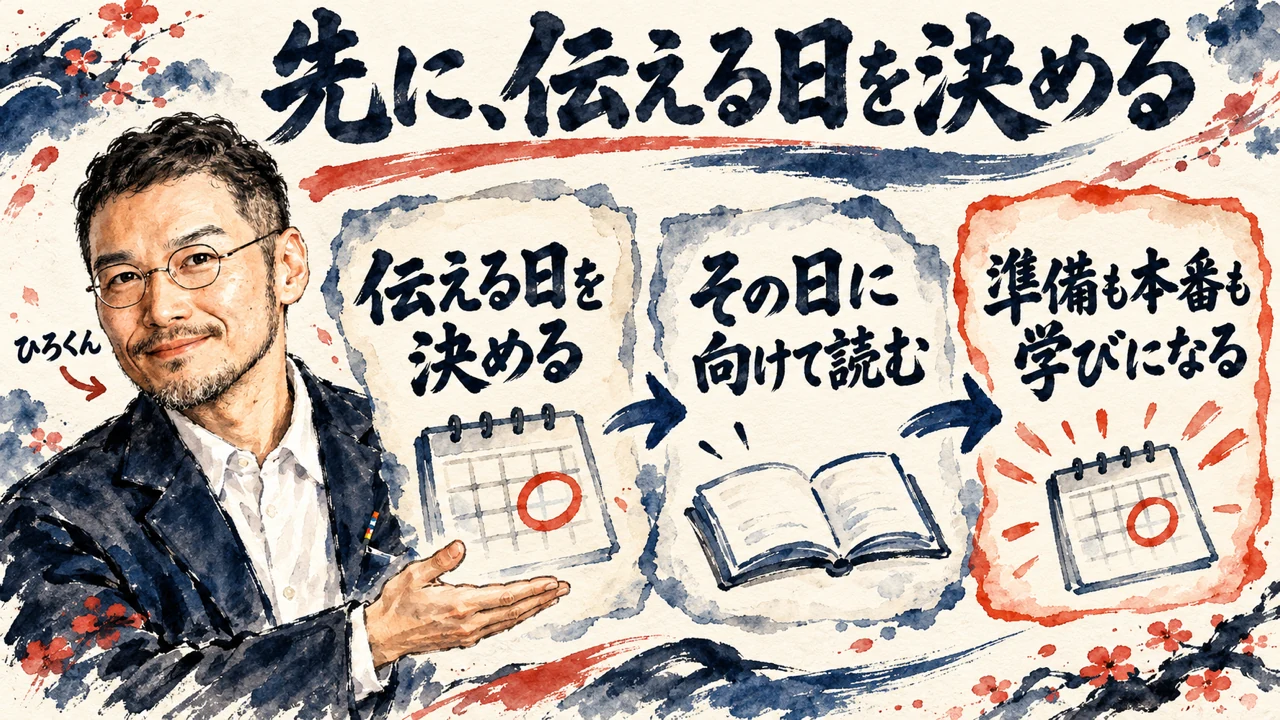 図解。見出しは先に、伝える日を決める。伝える日を決める、その日に向けて読む、準備も本番も学びになる、の三つの札が矢印で並び、左にひろくんの水彩画、札の中に朱色の丸を付けたカレンダーと開いた本が描かれている