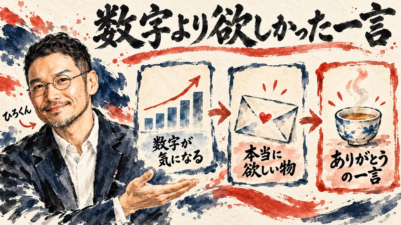 図解。見出しは数字より欲しかった一言。左でひろくんが片手を広げ、数字が気になる、本当に欲しい物、ありがとうの一言、の三つの札が矢印で並び、折れ線のグラフ、手紙、湯気の立つ湯のみの水彩画が添えられている