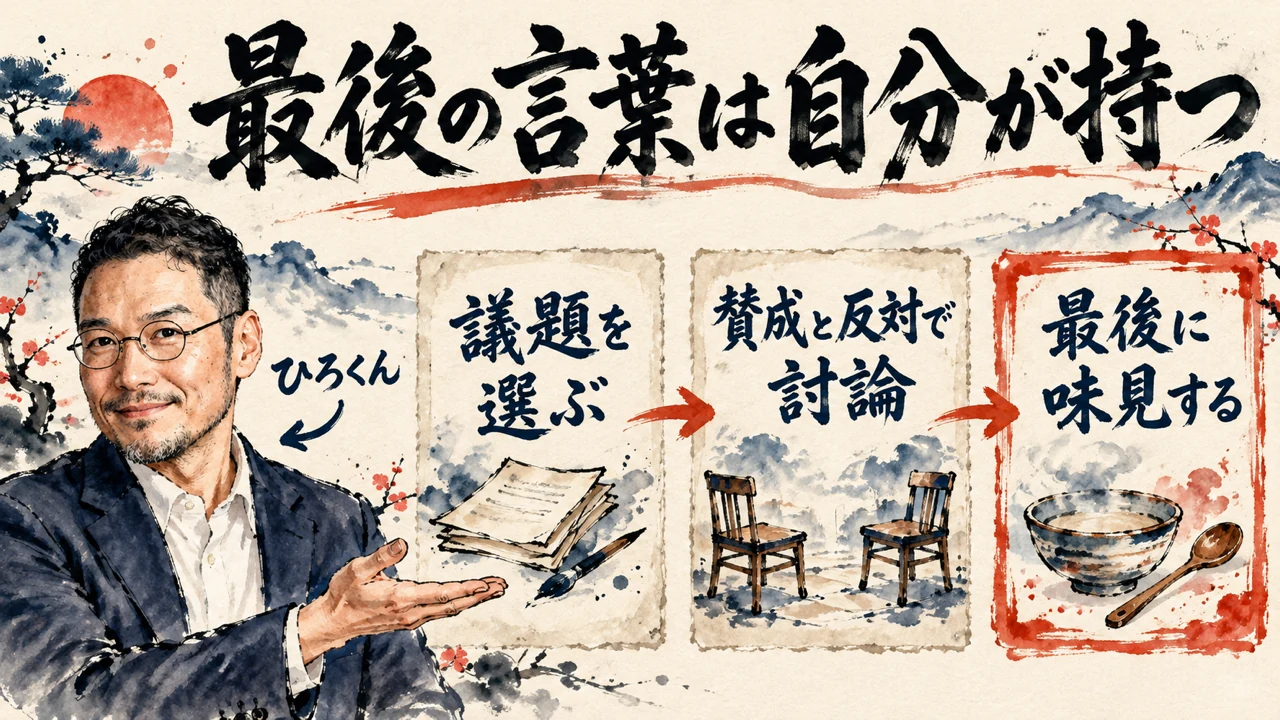 図解。見出しは最後の言葉は自分が持つ。左でひろくんが片手を広げ、議題を選ぶ、AIが賛成と反対で討論、最後に味見する、の三つの札が矢印で並び、二つの椅子と匙の水彩画が添えられている